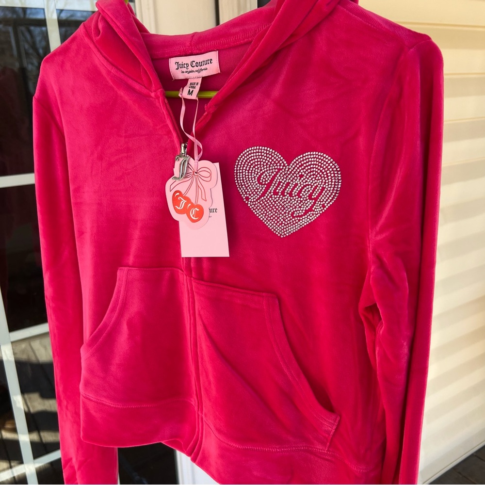 Juicy Couture Womens Fuchsia Hoodie with Rhinestone Heart